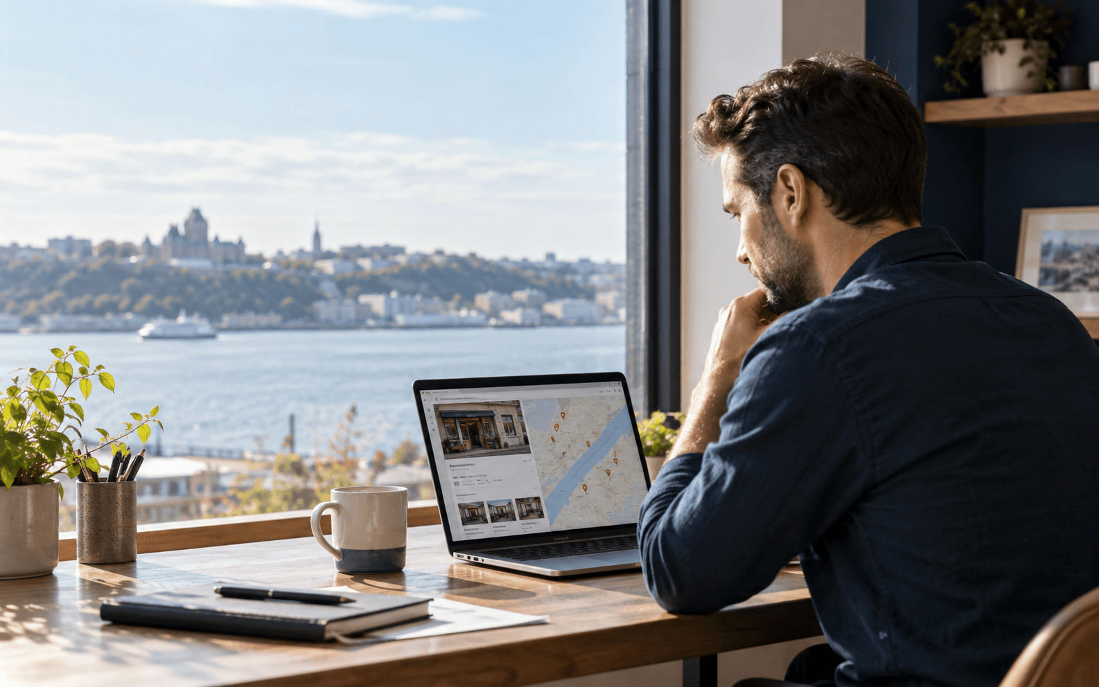 Entrepreneur de Lévis qui vérifie sa fiche Google sur un ordinateur portable